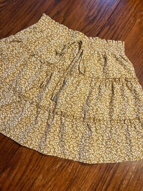 Women's Mustard Floral Tiered Mini Skirt with Drawstring Waist